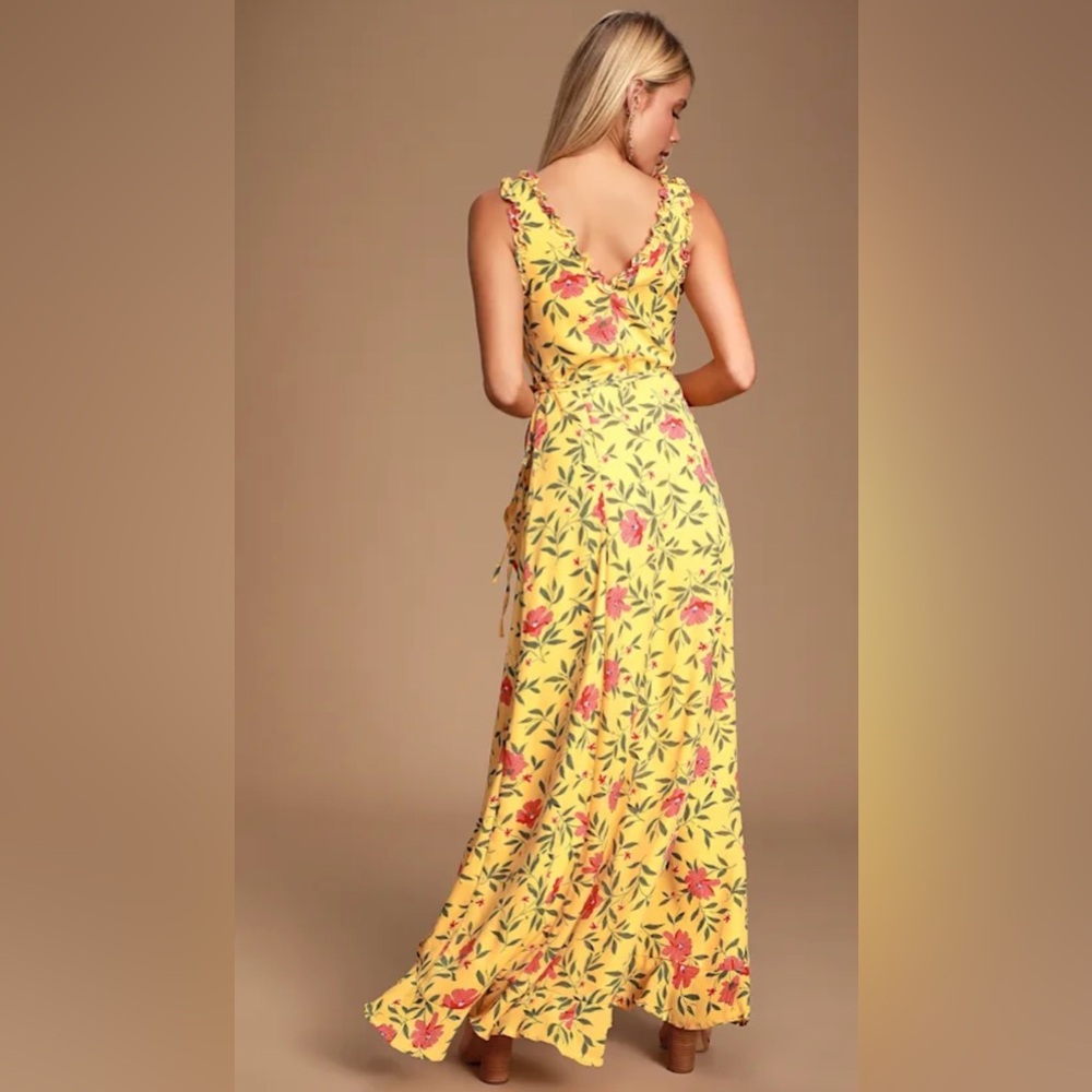 Lulu’s Blossoming Heart Yellow Floral Print Ruffled High-Low Wrap Dress - Picture 8 of 10